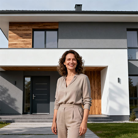 Junge Frau steht vor der Immobilie, die sie erfolgreich verkauft hat