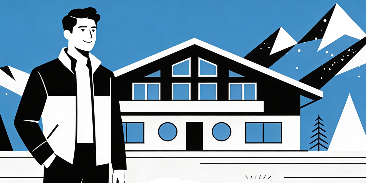 Wir sind auch in Tirol für Sie da Junger Mann vor einer Immobilie in alpinem Umfeld